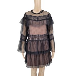 Zara Black Layered Tulle Swiss Dot . Chic Lace Dress Women's Medium